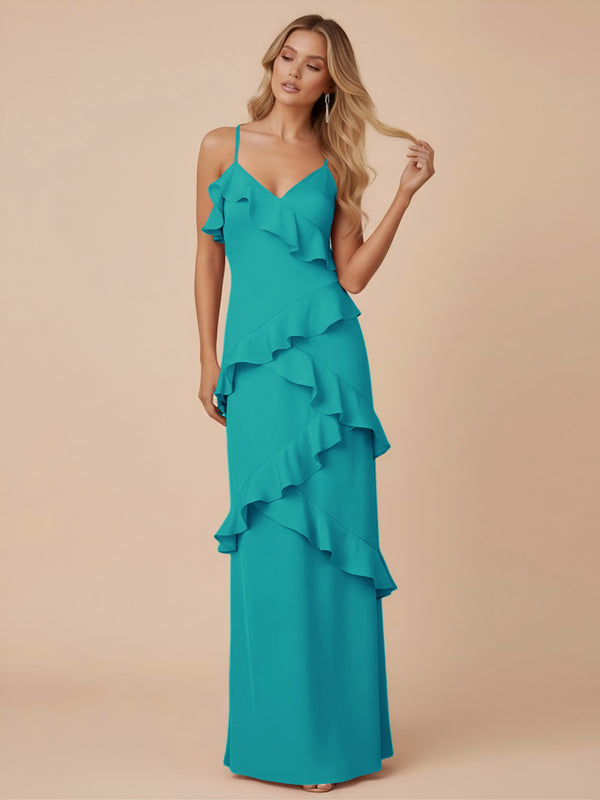 V Neck Spaghetti Straps Ruffles Chiffon Sheath Bridesmaid Dresses