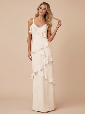 V Neck Spaghetti Straps Ruffles Chiffon Sheath Bridesmaid Dresses