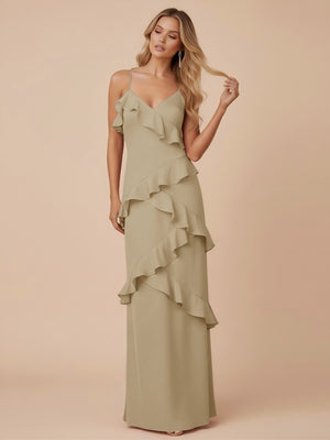 V Neck Spaghetti Straps Ruffles Chiffon Sheath Bridesmaid Dresses