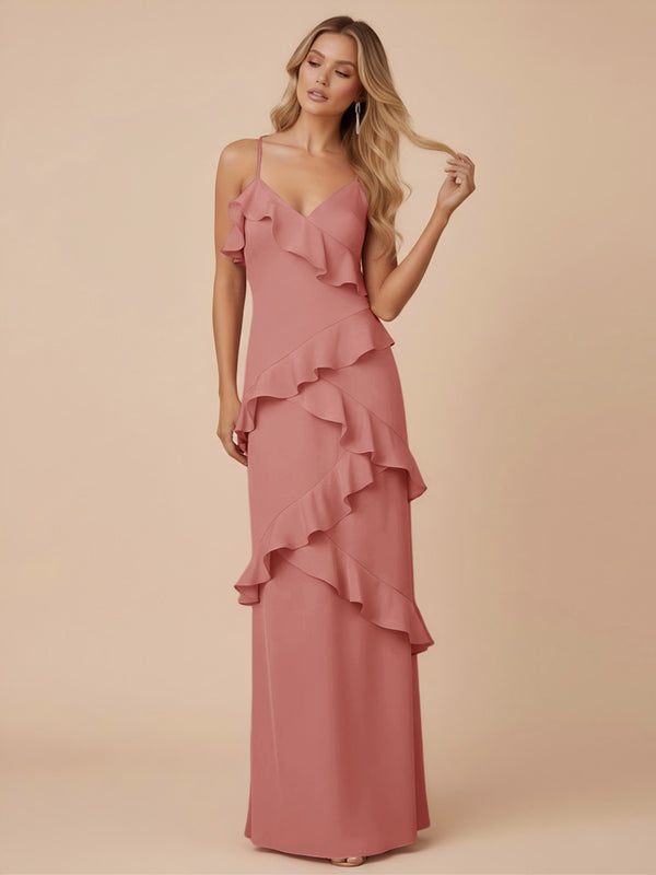 V Neck Spaghetti Straps Ruffles Chiffon Sheath Bridesmaid Dresses