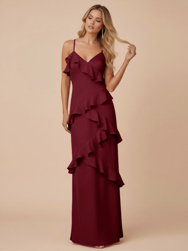V Neck Spaghetti Straps Ruffles Chiffon Sheath Bridesmaid Dresses
