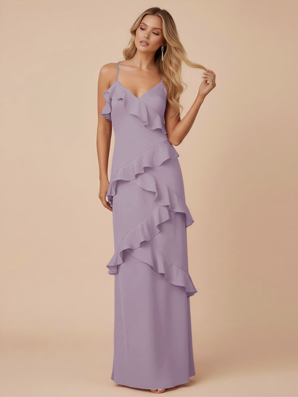 V Neck Spaghetti Straps Ruffles Chiffon Sheath Bridesmaid Dresses