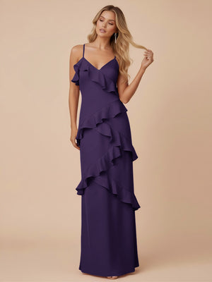 V Neck Spaghetti Straps Ruffles Chiffon Sheath Bridesmaid Dresses
