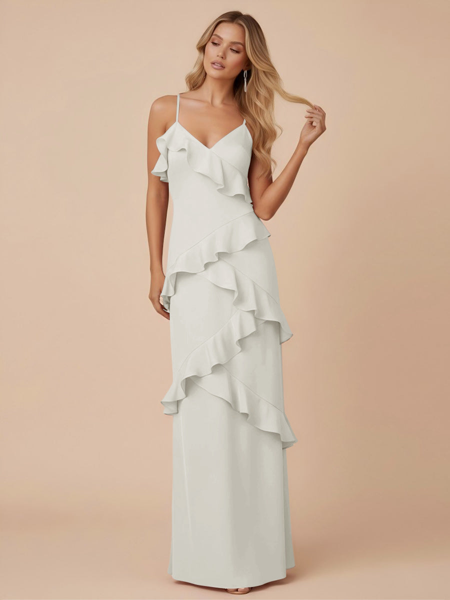 V Neck Spaghetti Straps Ruffles Chiffon Sheath Bridesmaid Dresses