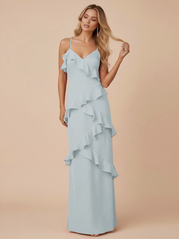 V Neck Spaghetti Straps Ruffles Chiffon Sheath Bridesmaid Dresses