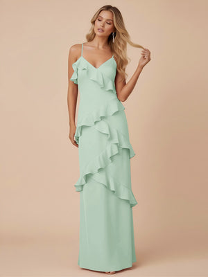V Neck Spaghetti Straps Ruffles Chiffon Sheath Bridesmaid Dresses