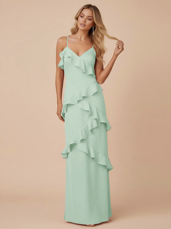 V Neck Spaghetti Straps Ruffles Chiffon Sheath Bridesmaid Dresses