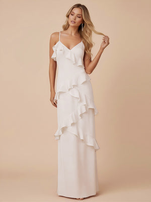 V Neck Spaghetti Straps Ruffles Chiffon Sheath Bridesmaid Dresses
