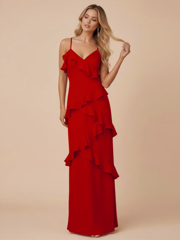V Neck Spaghetti Straps Ruffles Chiffon Sheath Bridesmaid Dresses