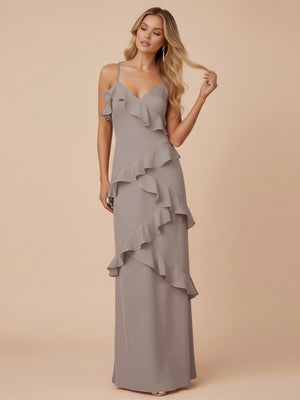 V Neck Spaghetti Straps Ruffles Chiffon Sheath Bridesmaid Dresses
