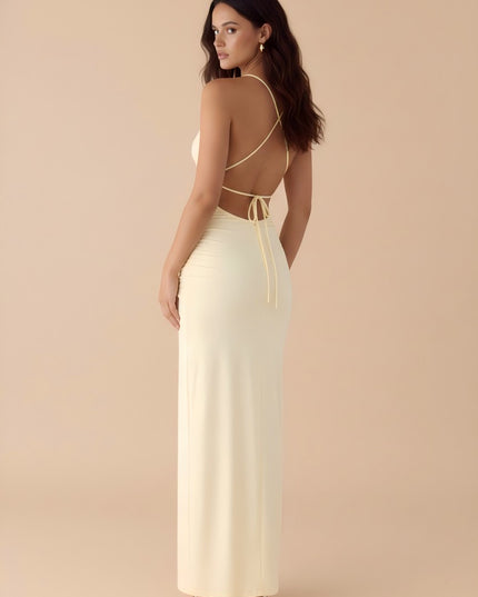 V Neck Spaghetti Straps Cut Out Pleated Chiffon Wedding Guest Dresses