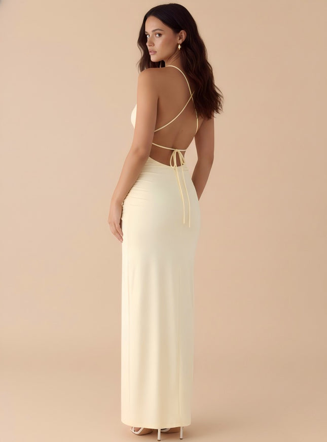 V Neck Spaghetti Straps Cut Out Pleated Chiffon Wedding Guest Dresses