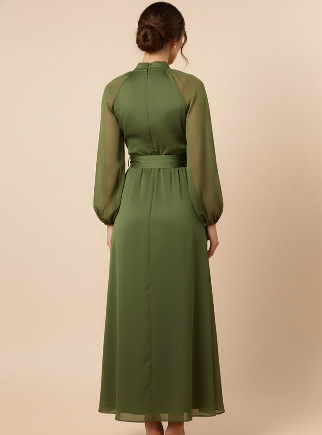 Bow Long Sleeves Chiffon Corset Bow A Line Wedding Guest Dresses