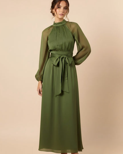 Bow Long Sleeves Chiffon Corset Bow A Line Wedding Guest Dresses