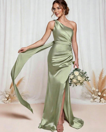 Satin One Shoulder Mermaid Bridesmaid Dresses with Slit