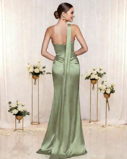 Satin One Shoulder Mermaid Bridesmaid Dresses with Slit