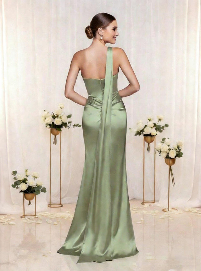 Satin One Shoulder Mermaid Bridesmaid Dresses with Slit