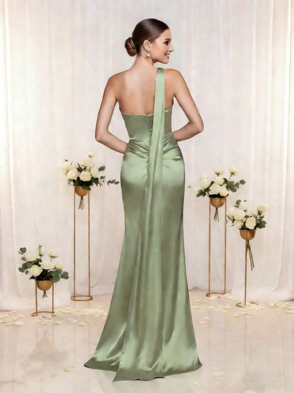 Satin One Shoulder Mermaid Bridesmaid Dresses with Slit