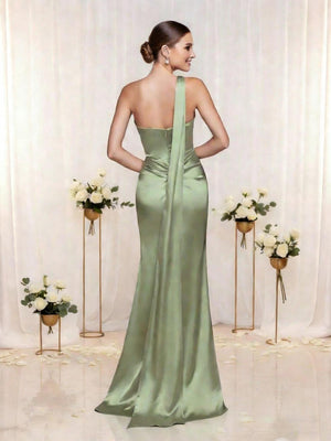 Satin One Shoulder Mermaid Bridesmaid Dresses with Slit