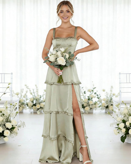Satin A Line Spaghetti Straps Long Bridesmaid Dresses