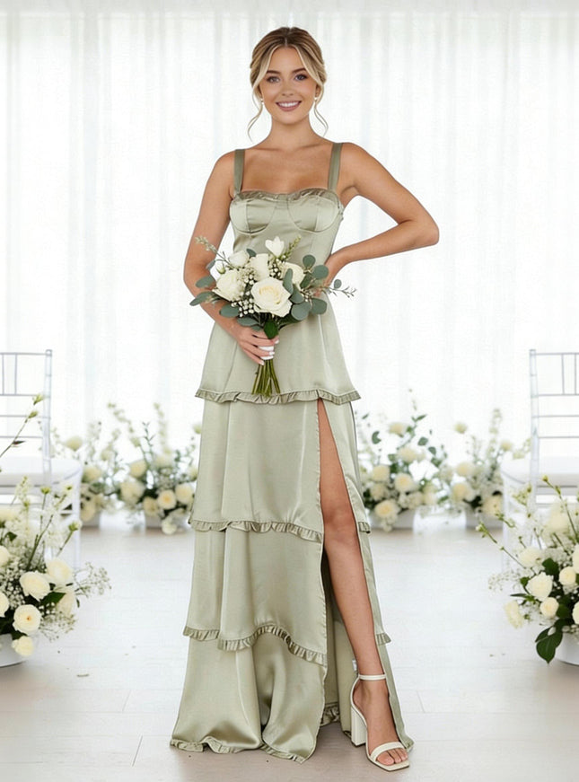 Satin A Line Spaghetti Straps Long Bridesmaid Dresses