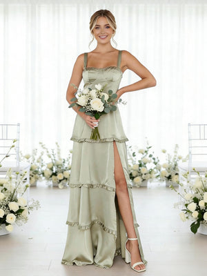 Satin A Line Spaghetti Straps Long Bridesmaid Dresses