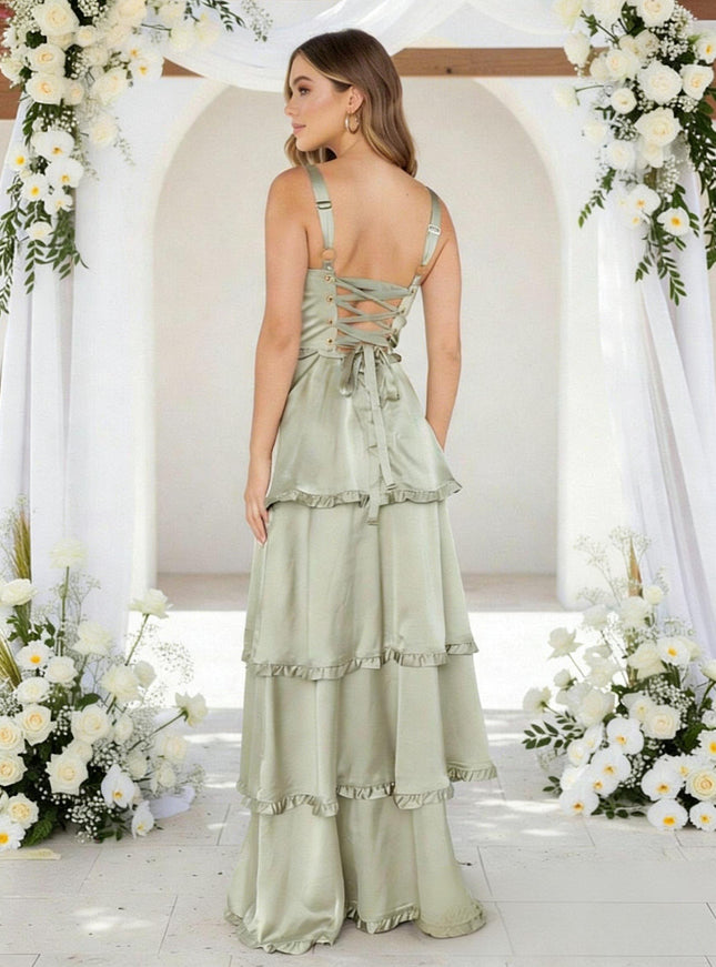 Satin A Line Spaghetti Straps Long Bridesmaid Dresses