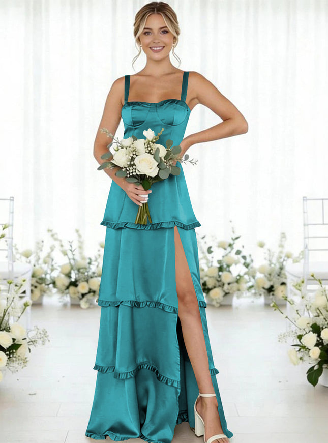 Satin A Line Spaghetti Straps Long Bridesmaid Dresses