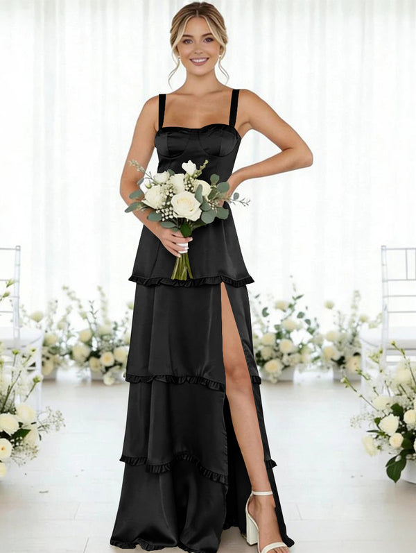 Satin A Line Spaghetti Straps Long Bridesmaid Dresses