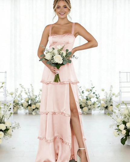 Satin A Line Spaghetti Straps Long Bridesmaid Dresses