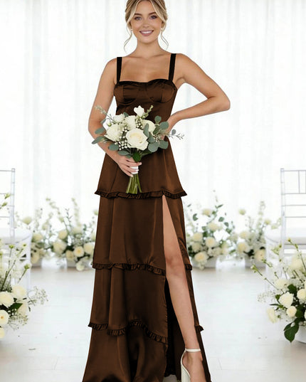 Satin A Line Spaghetti Straps Long Bridesmaid Dresses
