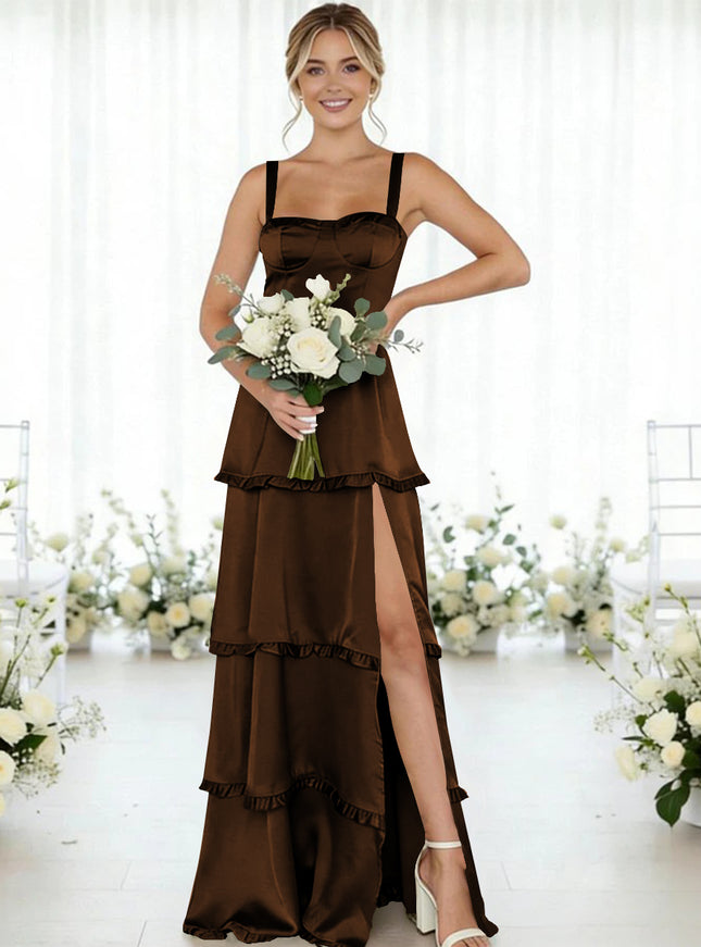 Satin A Line Spaghetti Straps Long Bridesmaid Dresses