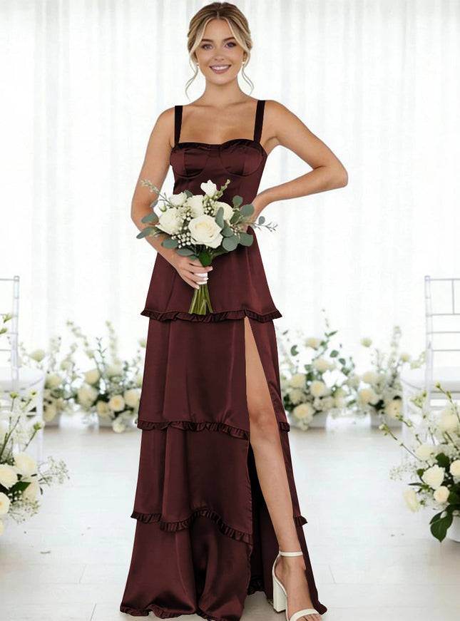 Satin A Line Spaghetti Straps Long Bridesmaid Dresses
