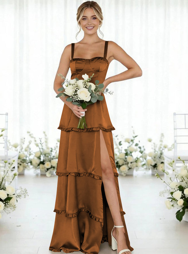 Satin A Line Spaghetti Straps Long Bridesmaid Dresses