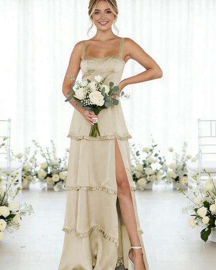 Satin A Line Spaghetti Straps Long Bridesmaid Dresses