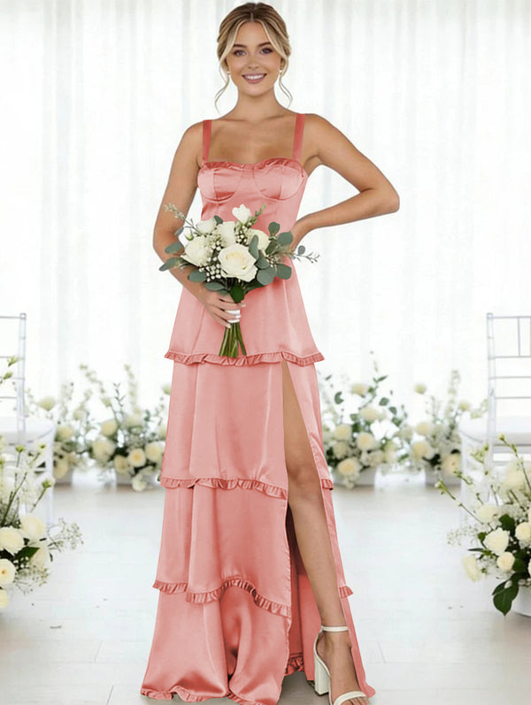 Satin A Line Spaghetti Straps Long Bridesmaid Dresses