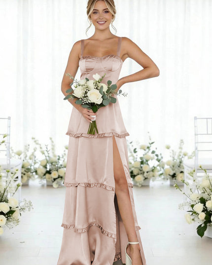 Satin A Line Spaghetti Straps Long Bridesmaid Dresses