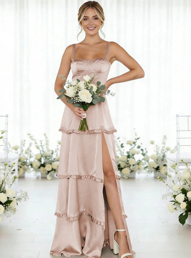 Satin A Line Spaghetti Straps Long Bridesmaid Dresses