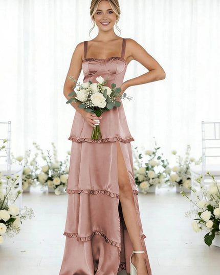 Satin A Line Spaghetti Straps Long Bridesmaid Dresses