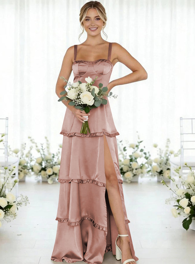 Satin A Line Spaghetti Straps Long Bridesmaid Dresses