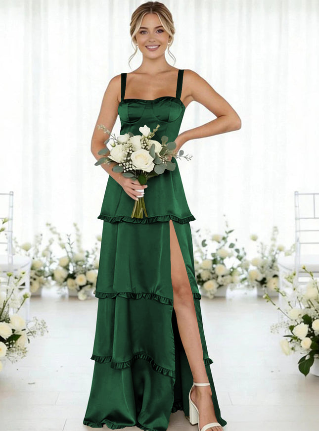 Satin A Line Spaghetti Straps Long Bridesmaid Dresses