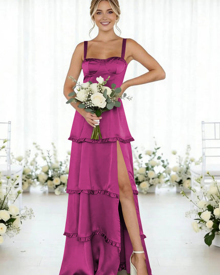 Satin A Line Spaghetti Straps Long Bridesmaid Dresses