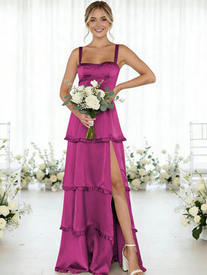 Satin A Line Spaghetti Straps Long Bridesmaid Dresses