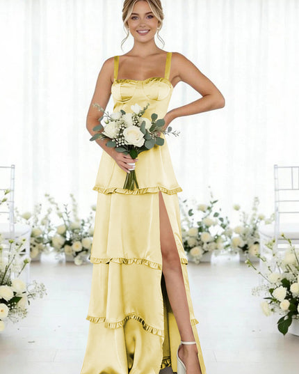Satin A Line Spaghetti Straps Long Bridesmaid Dresses