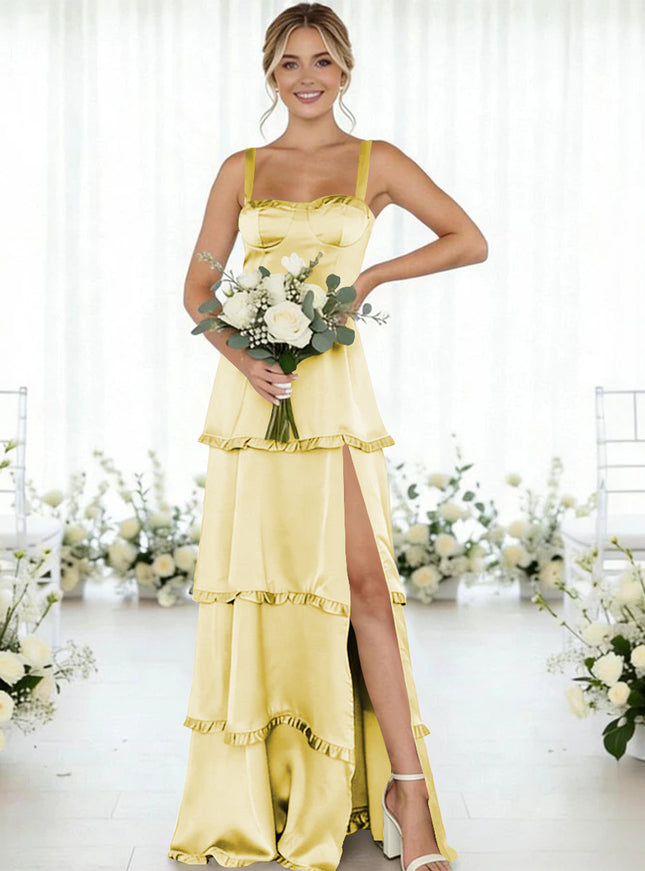 Satin A Line Spaghetti Straps Long Bridesmaid Dresses