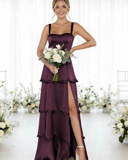Satin A Line Spaghetti Straps Long Bridesmaid Dresses