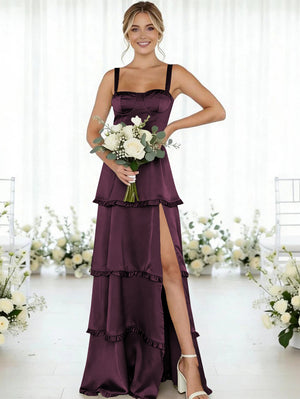 Satin A Line Spaghetti Straps Long Bridesmaid Dresses
