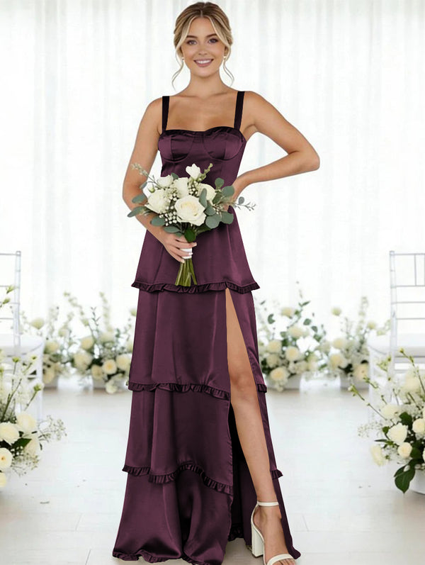 Satin A Line Spaghetti Straps Long Bridesmaid Dresses