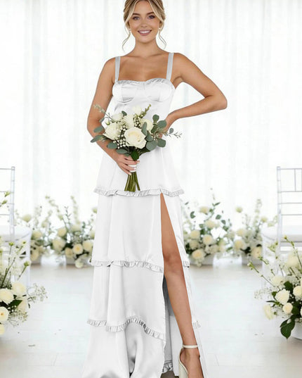 Satin A Line Spaghetti Straps Long Bridesmaid Dresses