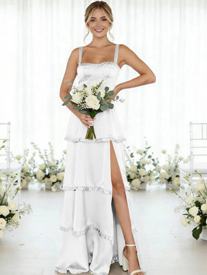 Satin A Line Spaghetti Straps Long Bridesmaid Dresses